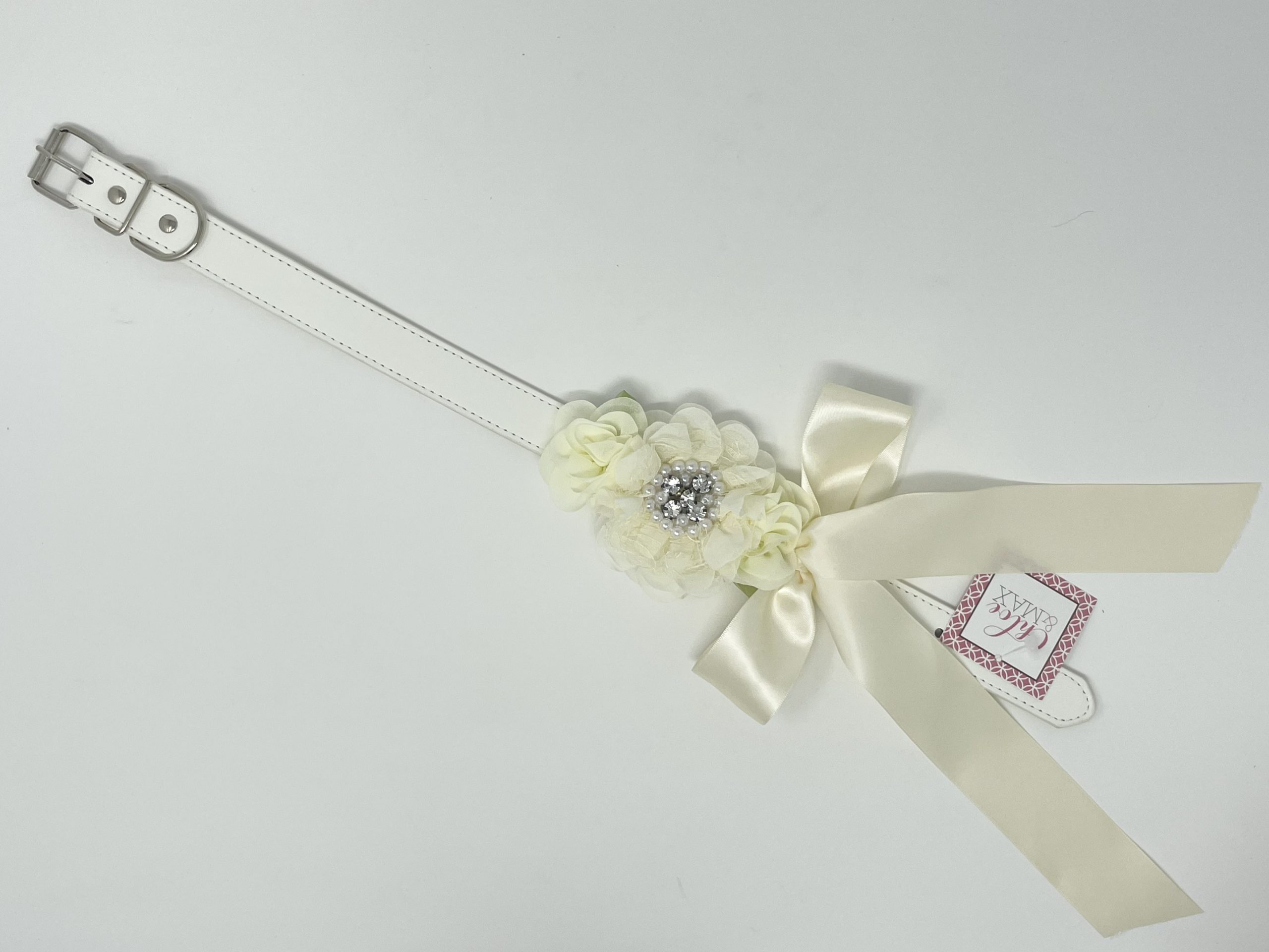 White Dog Collar with Cream Flowers and Rhinestones image 1
