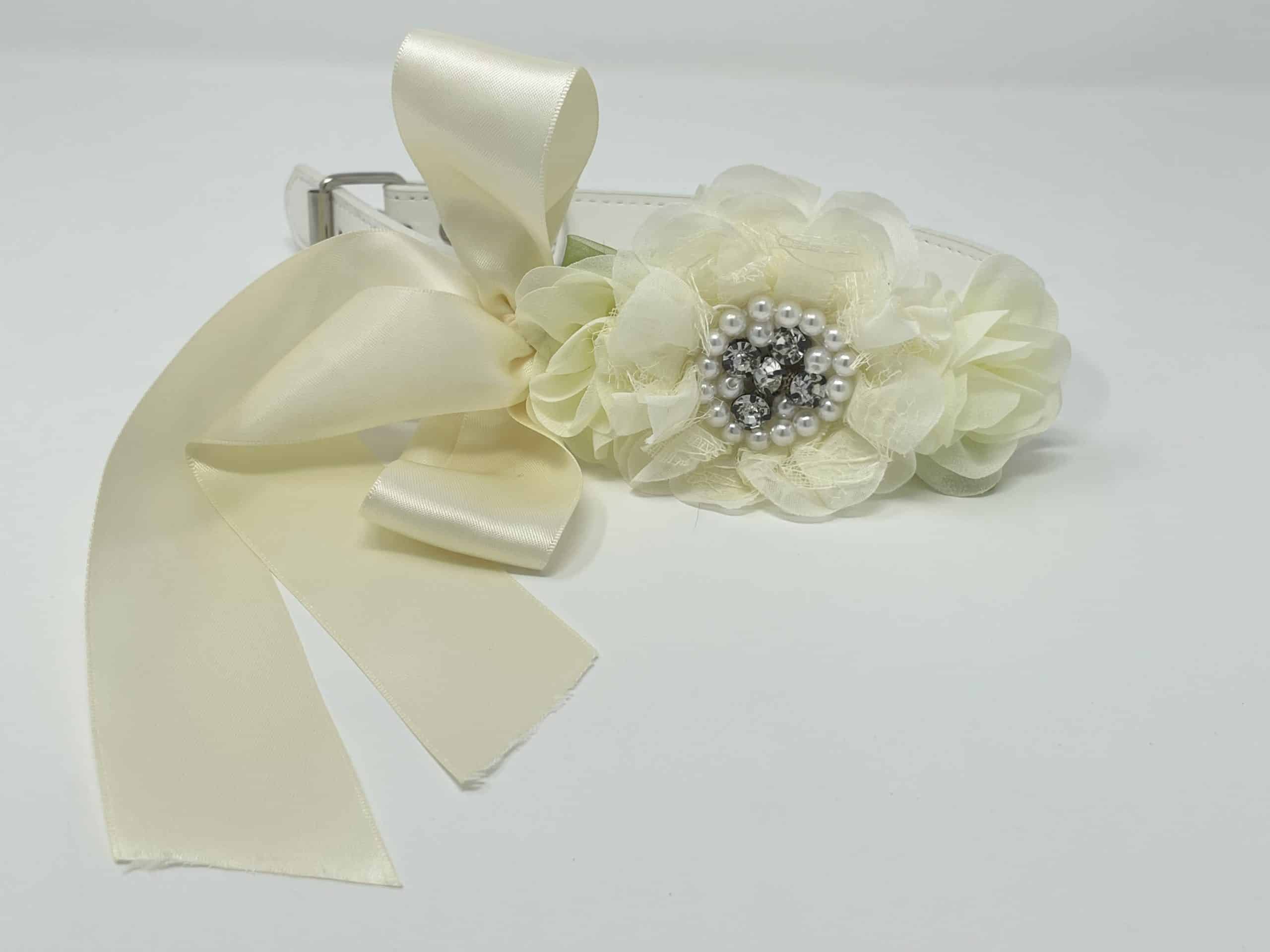 White Dog Collar with Cream Flowers and Rhinestones image 0