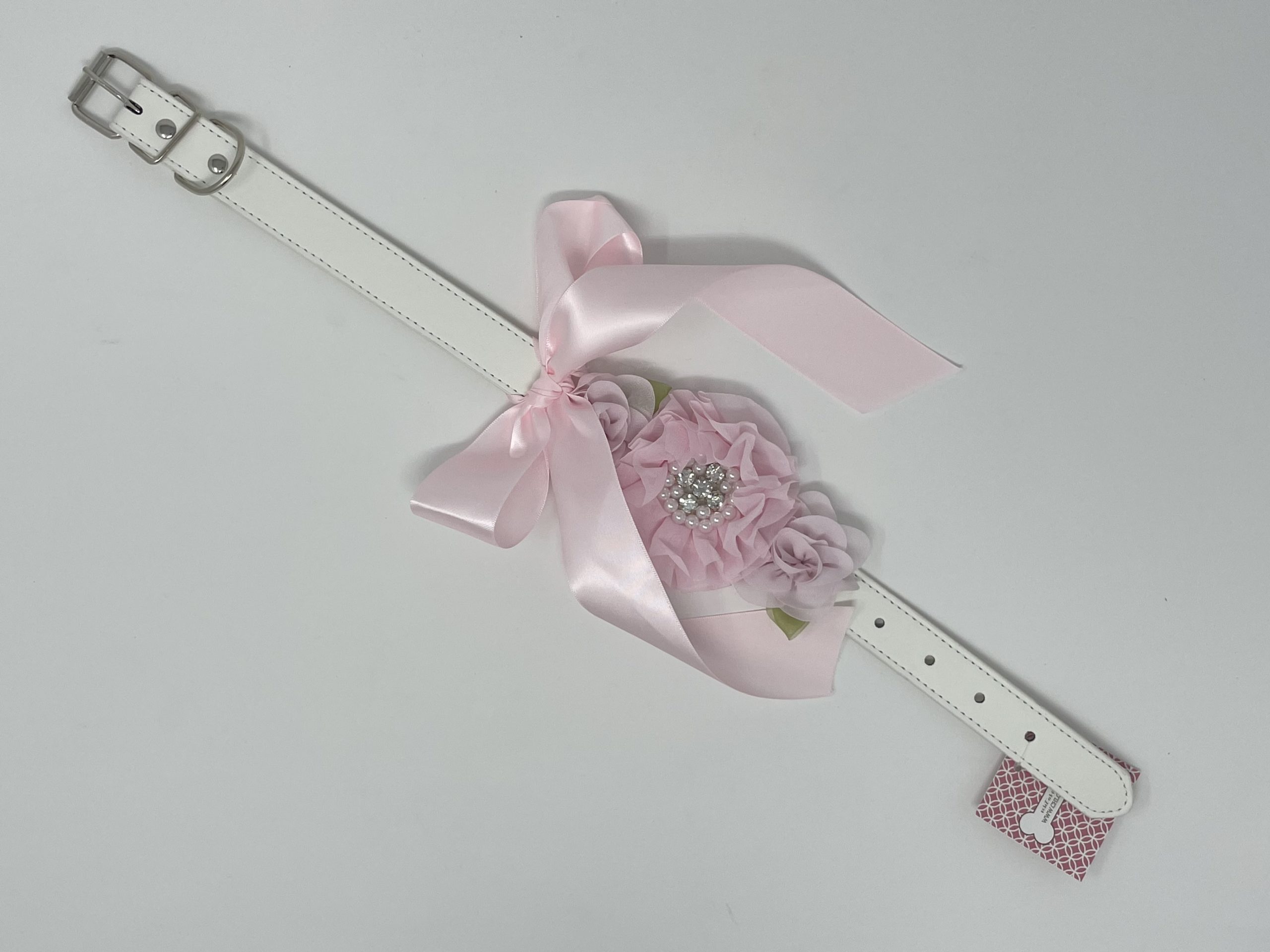 White Dog Collar with Light Pink Flowers and Rhinestones image 1