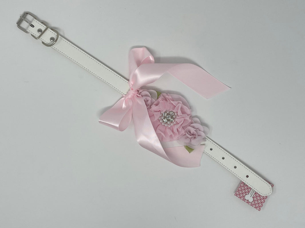 White Dog Collar with Light Pink Flowers and Rhinestones image 1