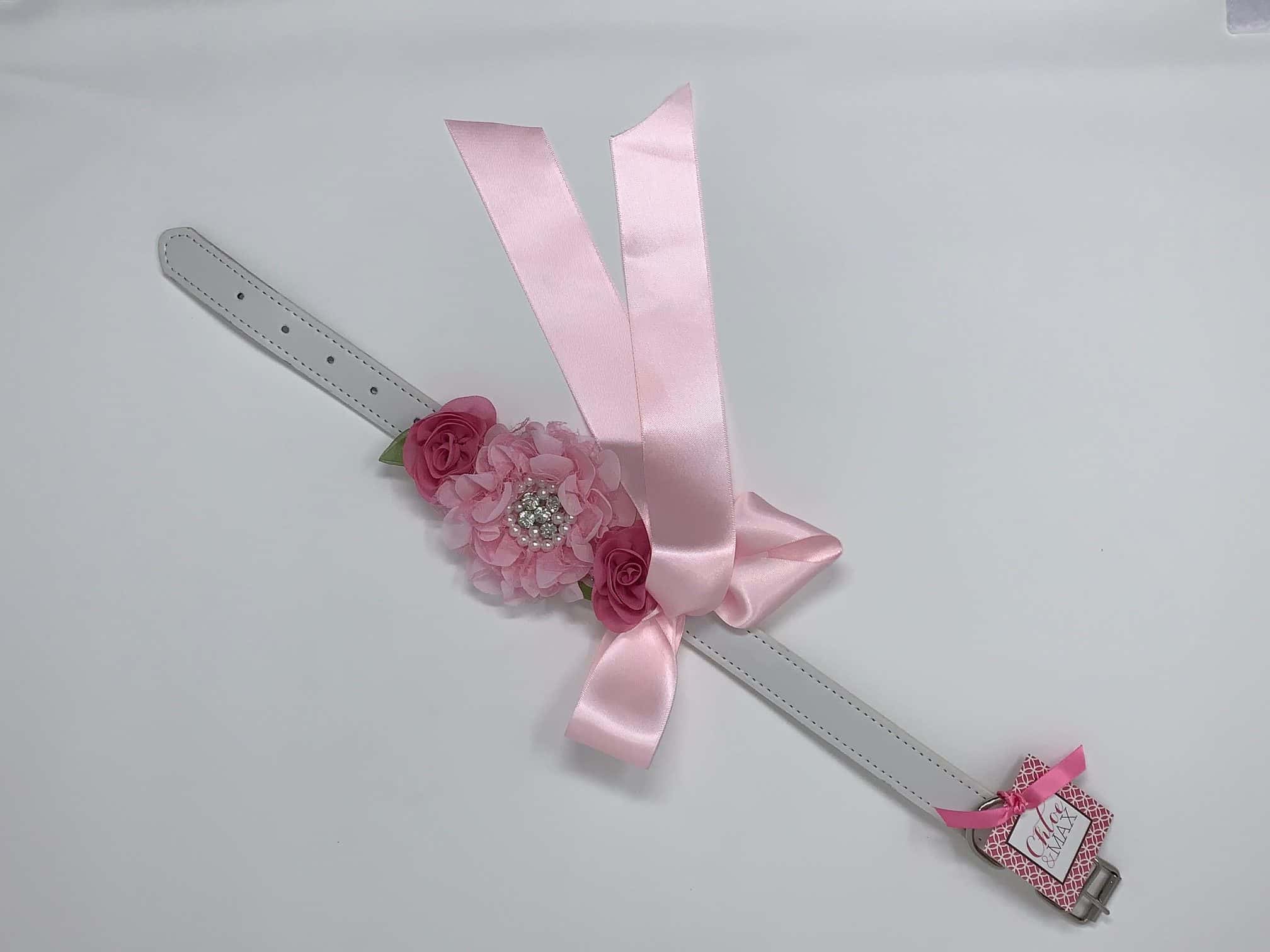White Dog Collar with Hot Pink Flowers and Rhinestones image 1