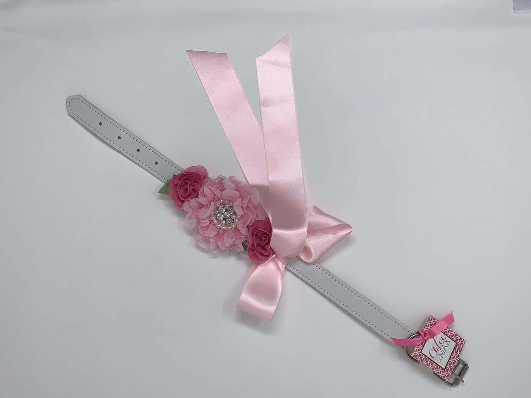White Dog Collar with Hot Pink Flowers and Rhinestones image 1