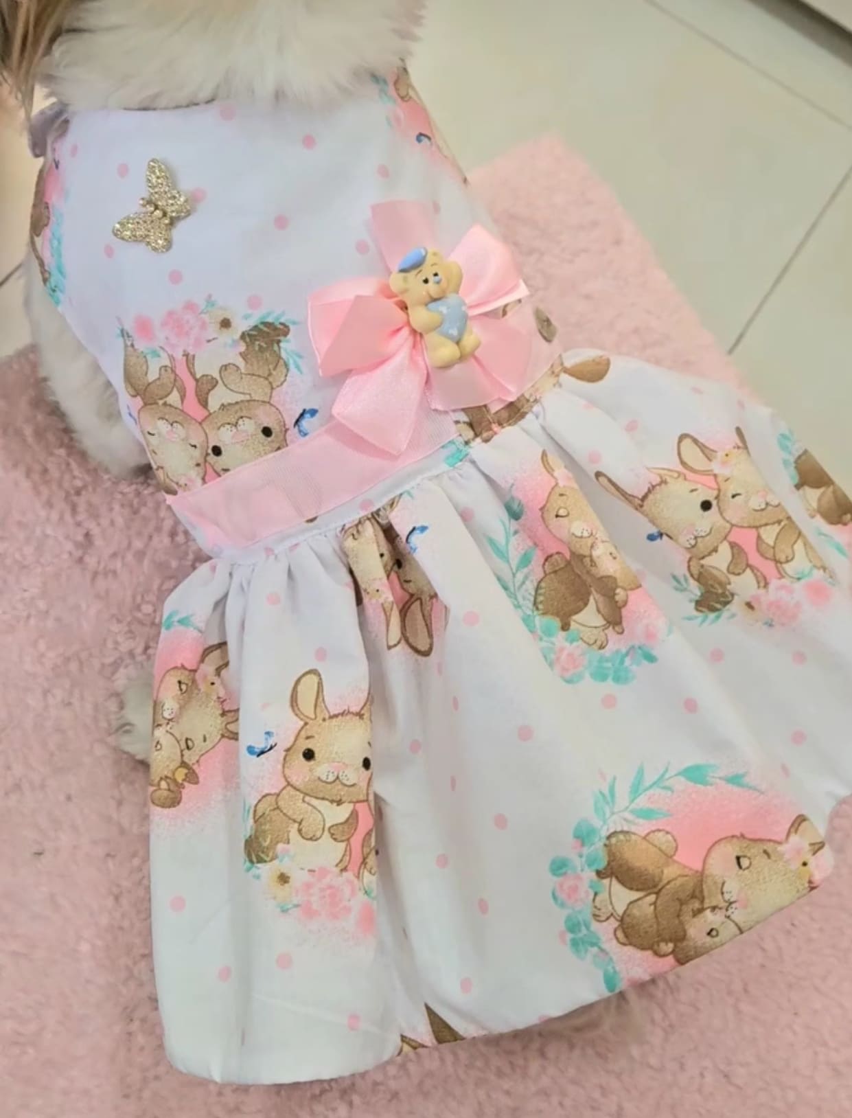 Sweet Bunnies and Pink Dots Dog Dress with Bear Brooch image 1