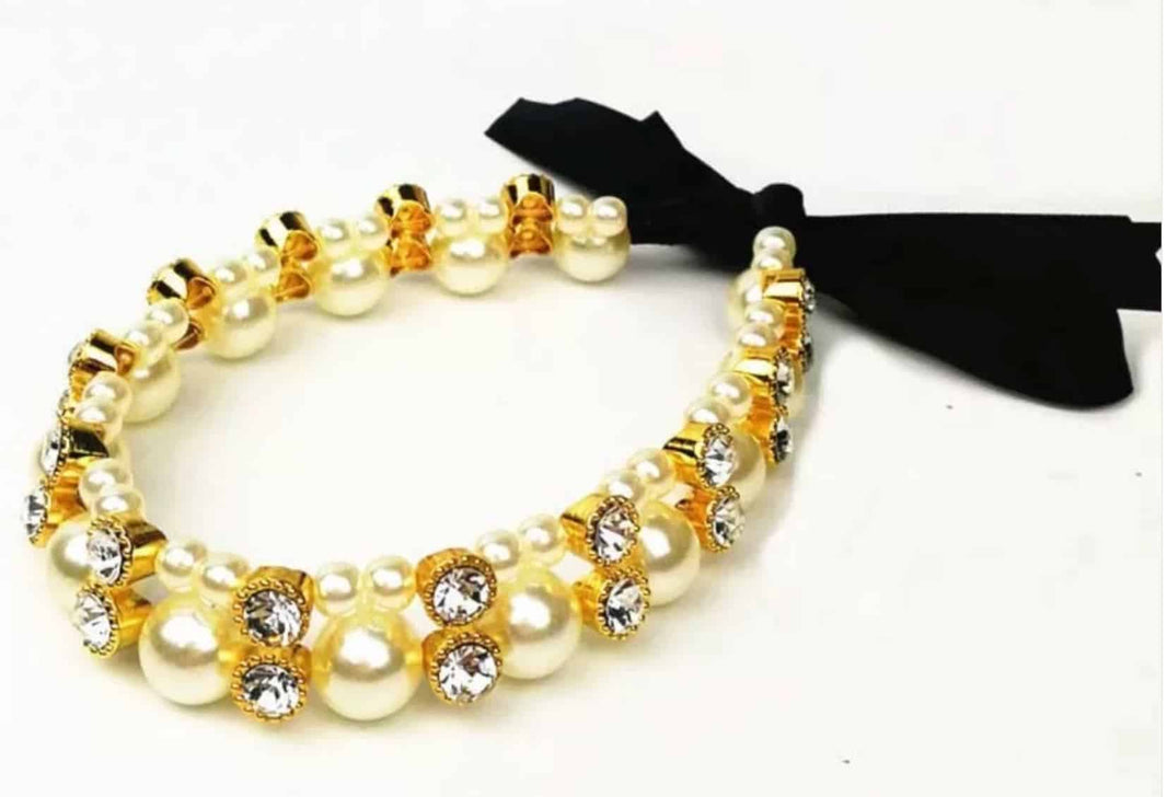 Lovely Pearl Ribbon Dog Necklace - Black image 0