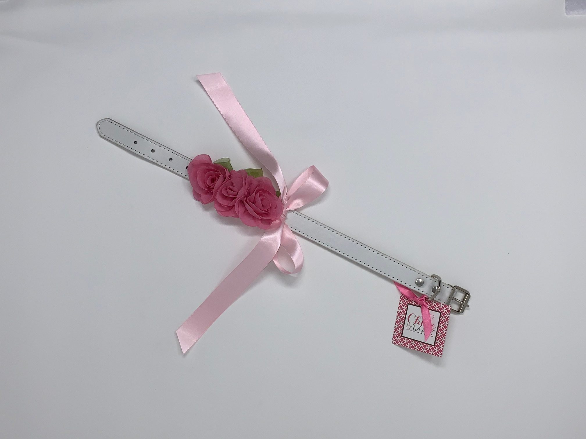White Dog Collar with Hot Pink Flowers image 1