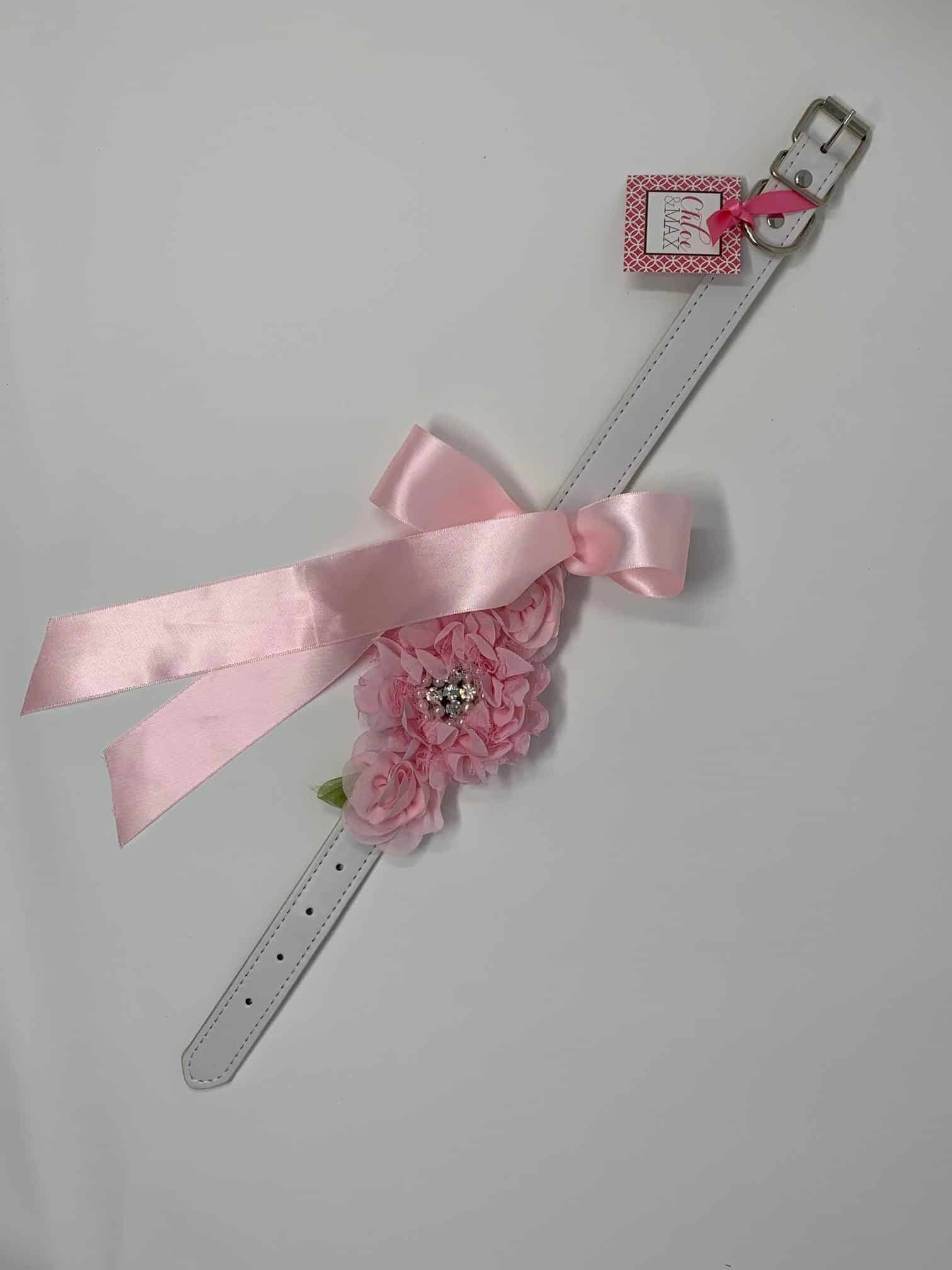 White Dog Collar with Rhinestones/Pearls on Pink Flowers image 1