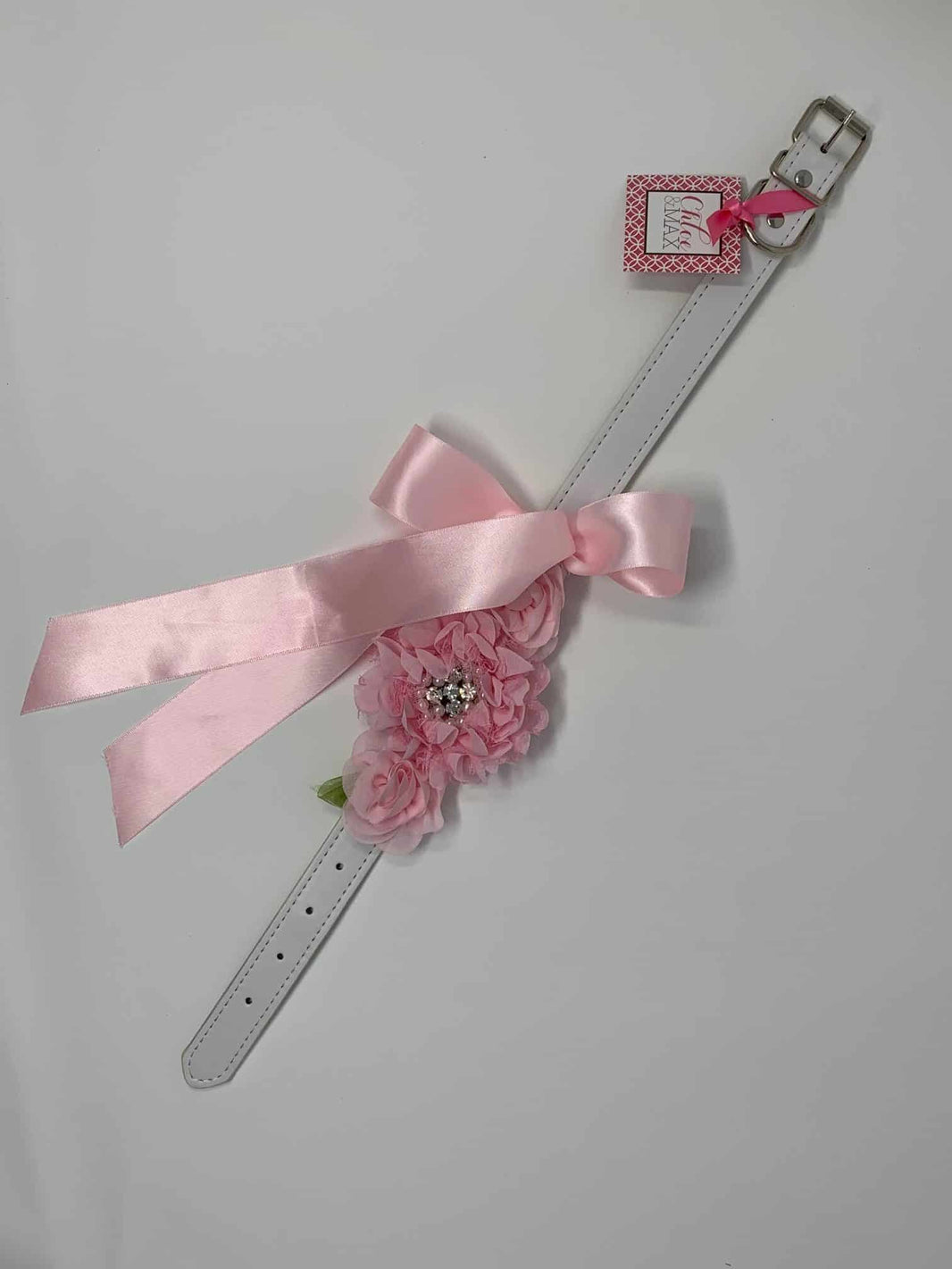 White Dog Collar with Rhinestones/Pearls on Pink Flowers image 1
