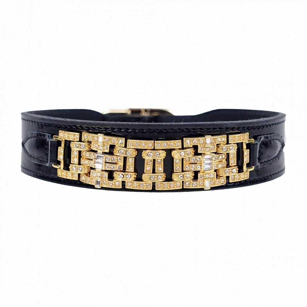 Haute Couture Art Deco Dog Collar in Black Patent & Gold image 0