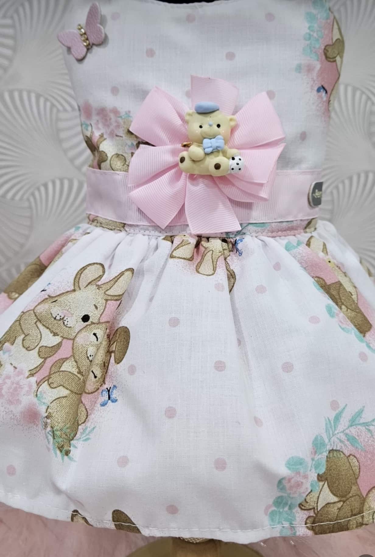 Sweet Bunnies and Pink Dots Dog Dress with Bear Brooch image 0