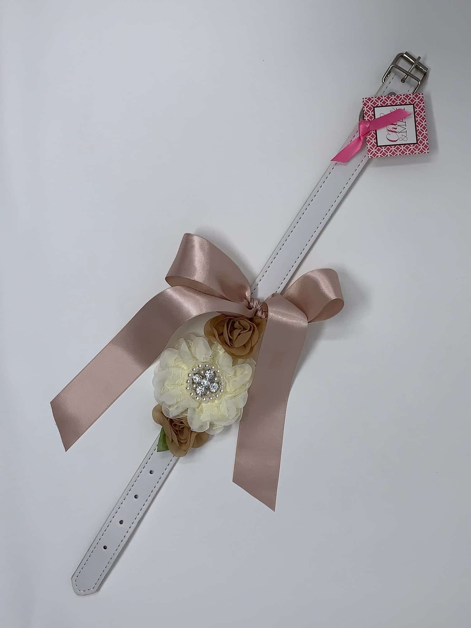 White Dog Collar with Rhinestones/Pearls on Cream and Tan Flowers image 1