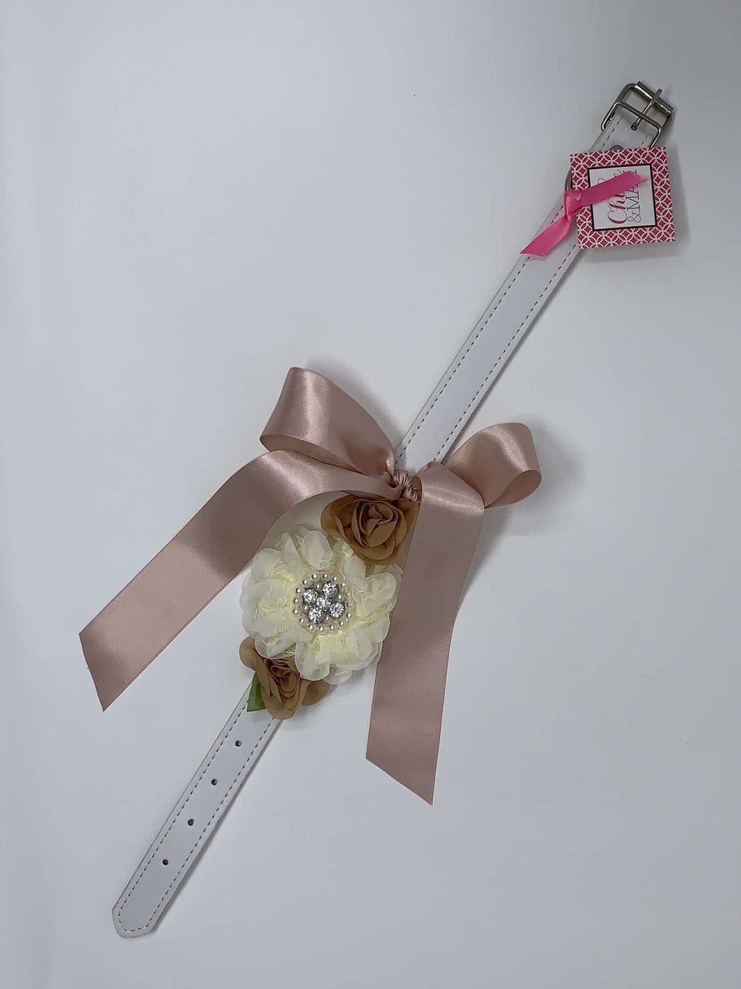 White Dog Collar with Rhinestones/Pearls on Cream and Tan Flowers image 1