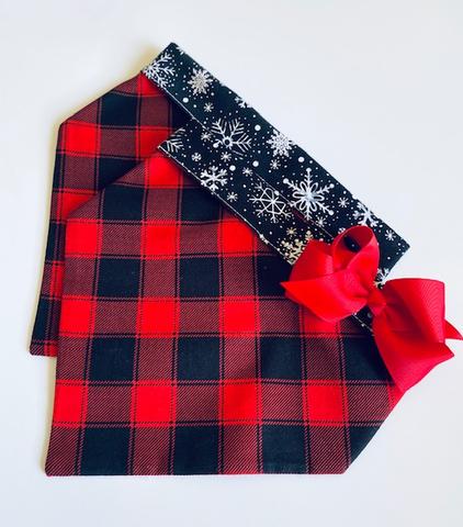 Red Buffalo Plaid with Snowflakes Dog Bandana with Bow image 1