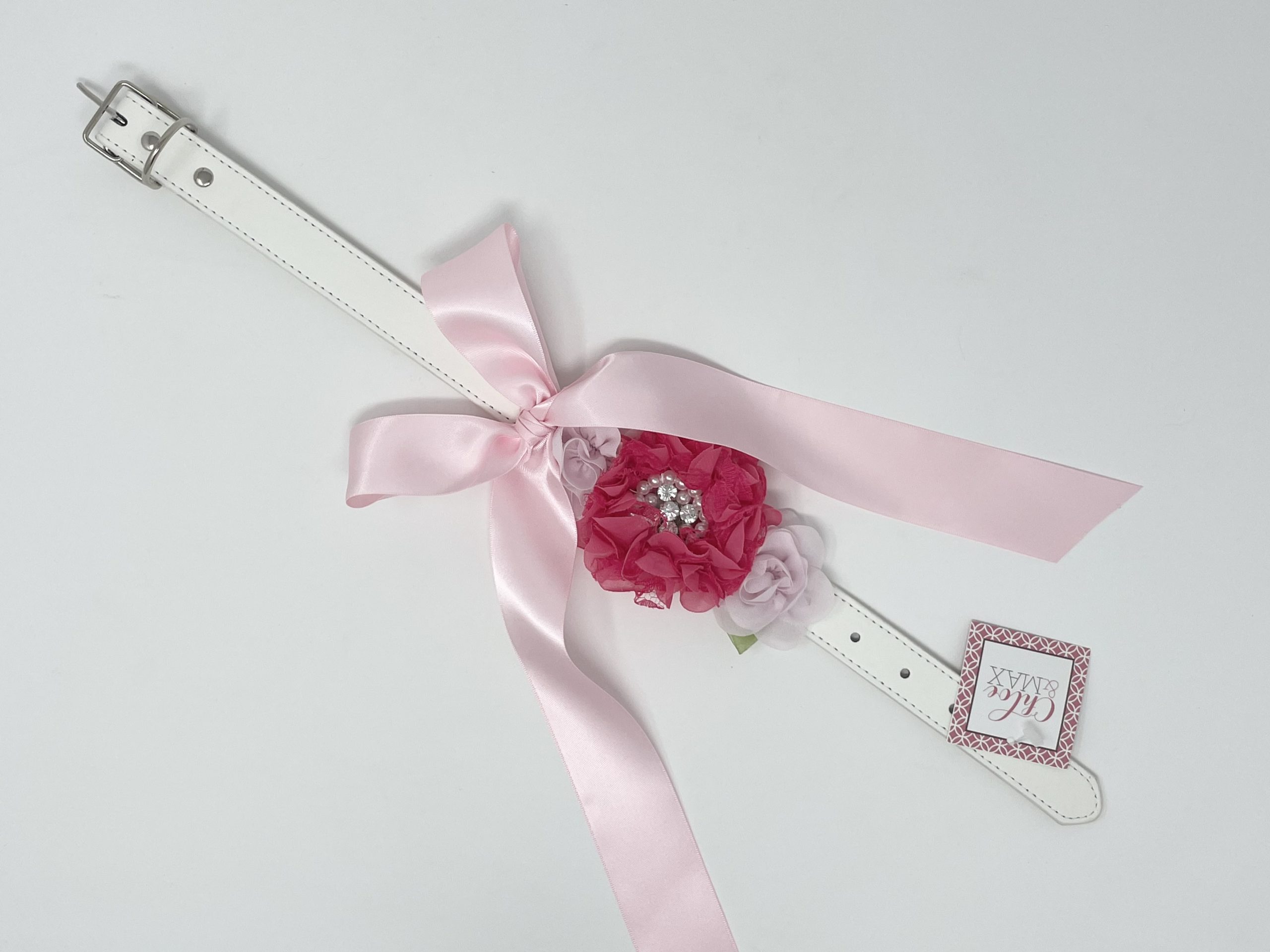 White Dog Collar with Rhinestones/Pearls on Dark Flower and Light Pink Flowers image 1