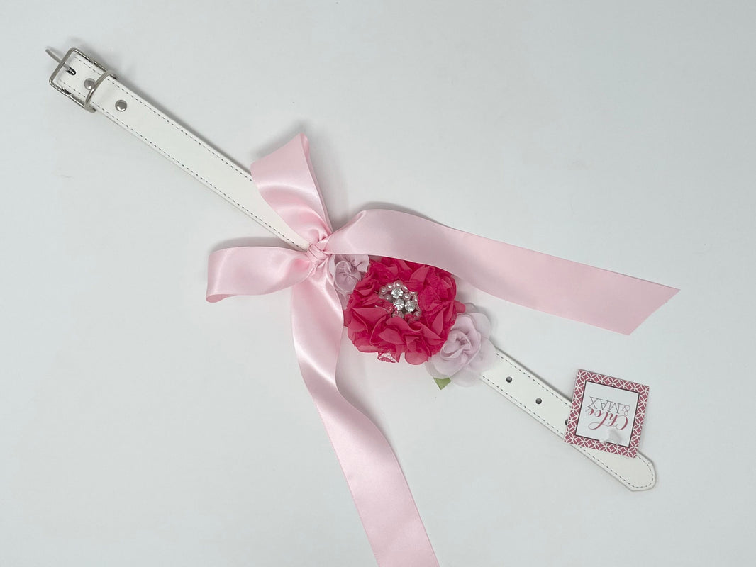 White Dog Collar with Rhinestones/Pearls on Dark Flower and Light Pink Flowers image 1