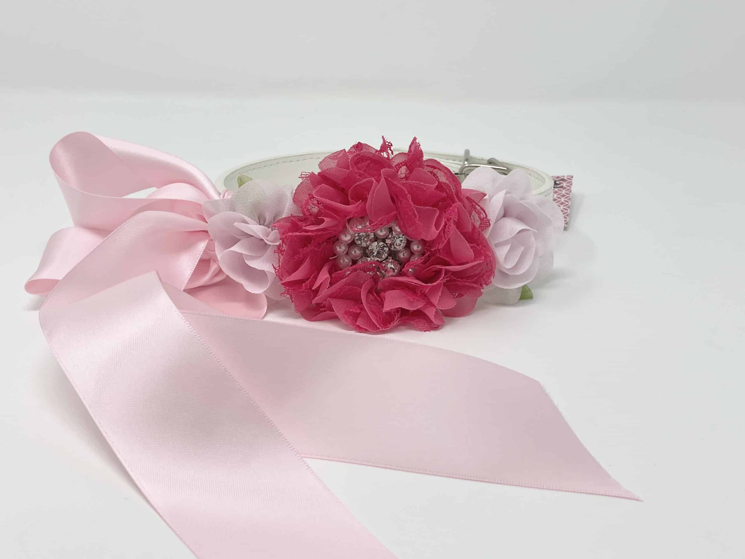 White Dog Collar with Rhinestones/Pearls on Dark Flower and Light Pink Flowers image 0