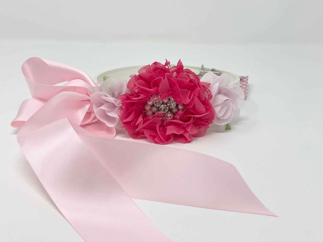 White Dog Collar with Rhinestones/Pearls on Dark Flower and Light Pink Flowers image 0
