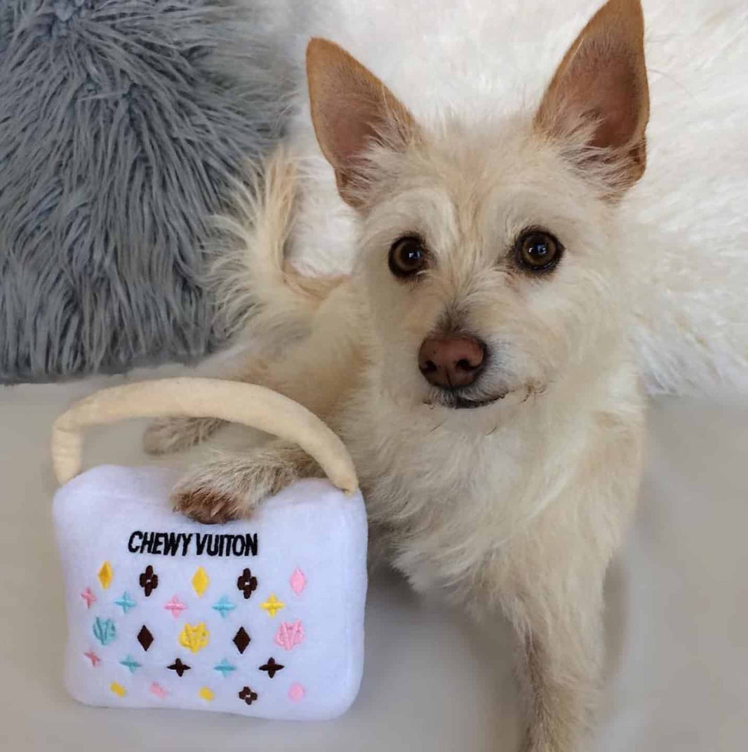 White Chewy Vuiton Handbag Dog Toy image 0
