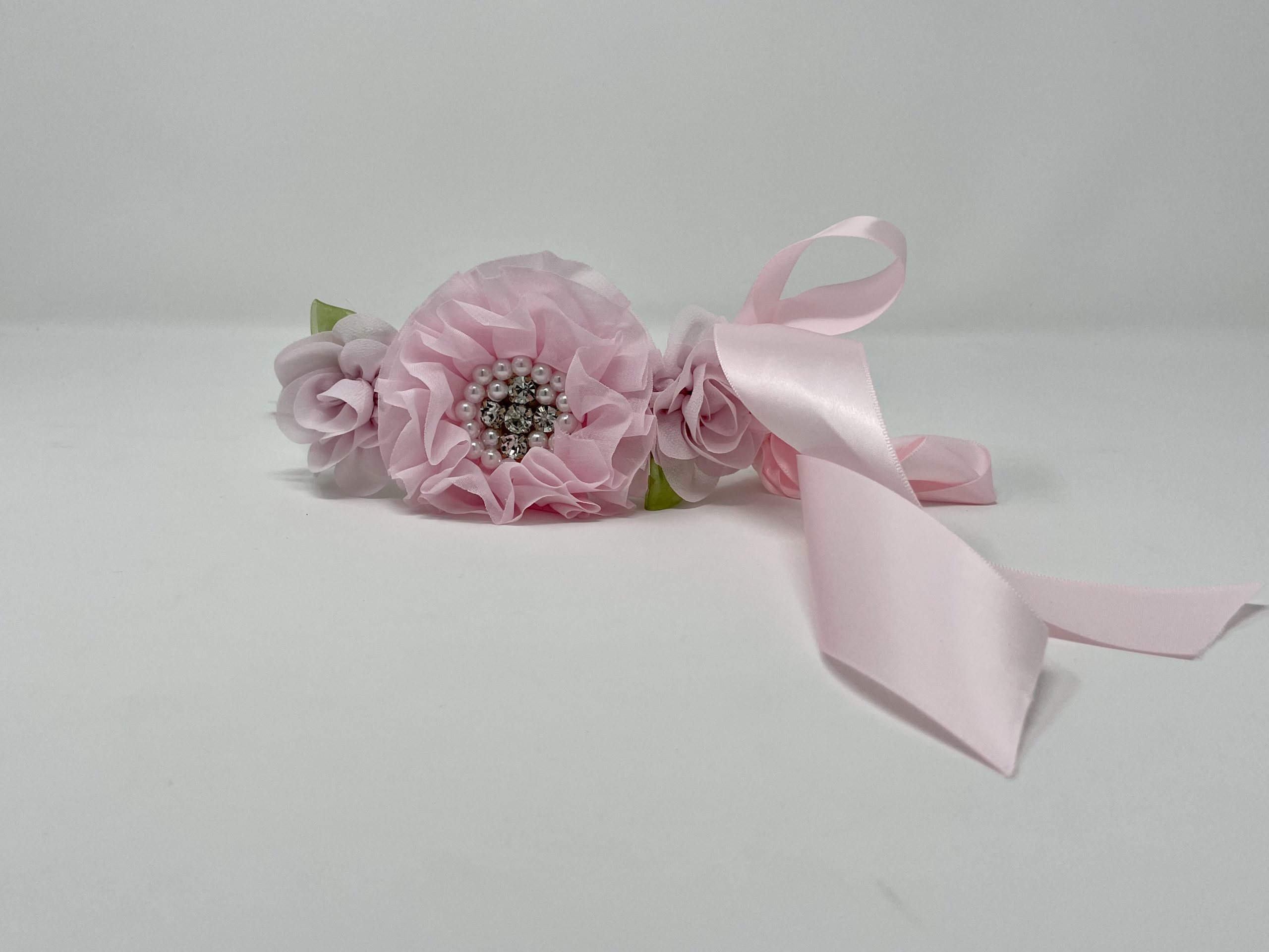 White Dog Collar with Light Pink Flowers and Rhinestones image 0