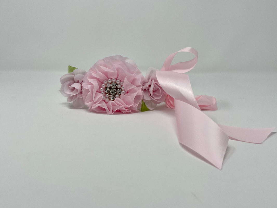 White Dog Collar with Light Pink Flowers and Rhinestones image 0