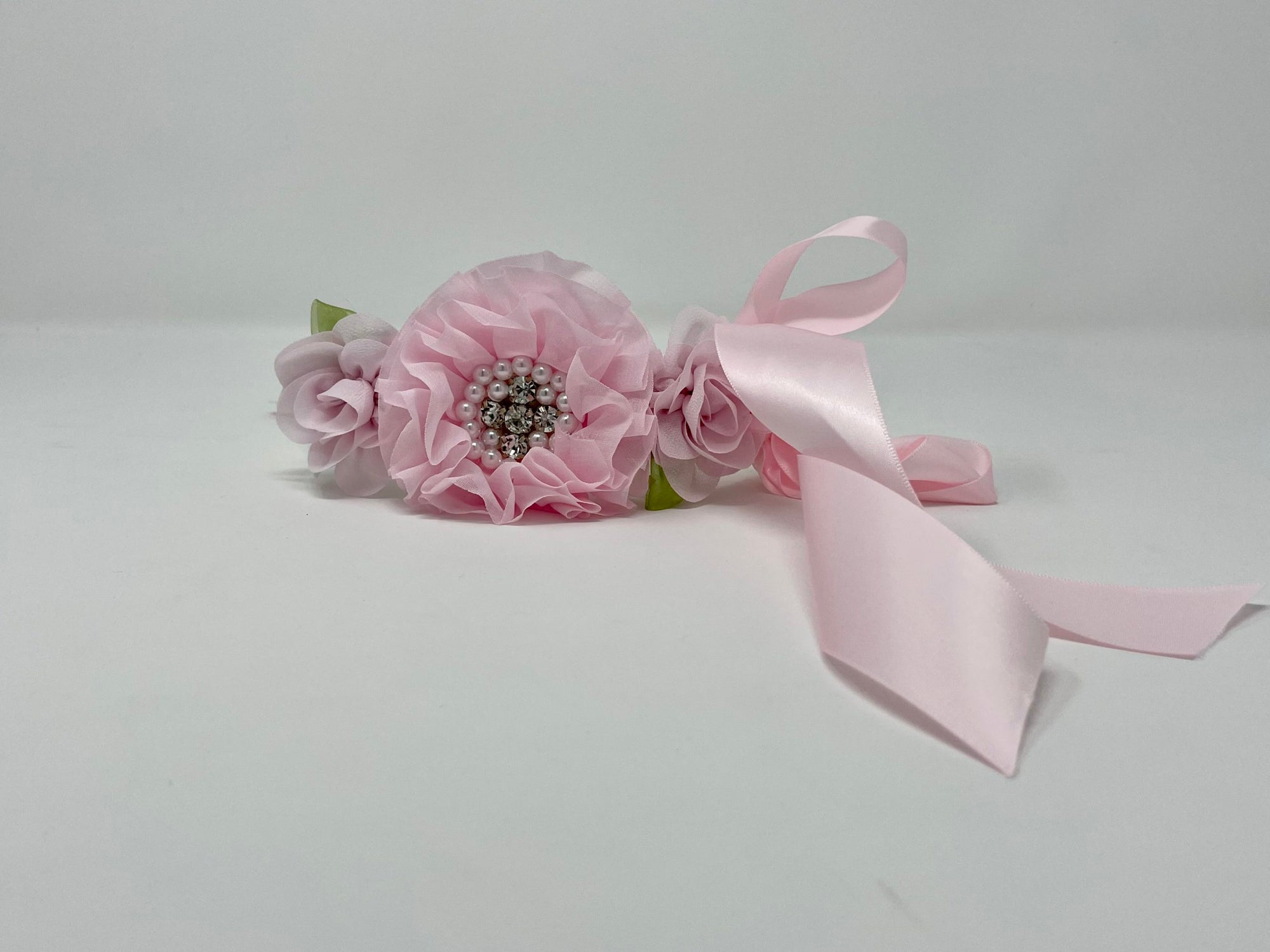 White Dog Collar with Light Pink Flowers and Rhinestones image 0