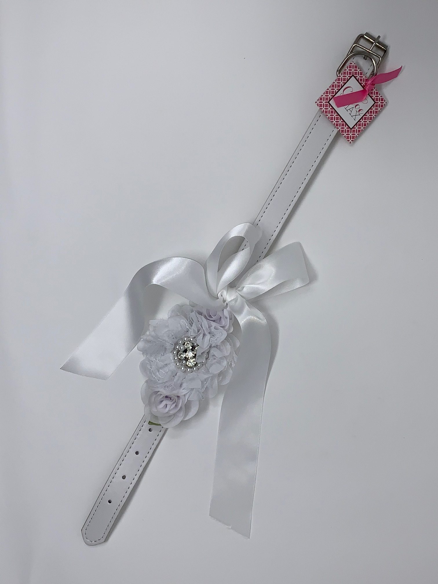 White Dog Collar with Rhinestones/Pearls on White Flowers image 1