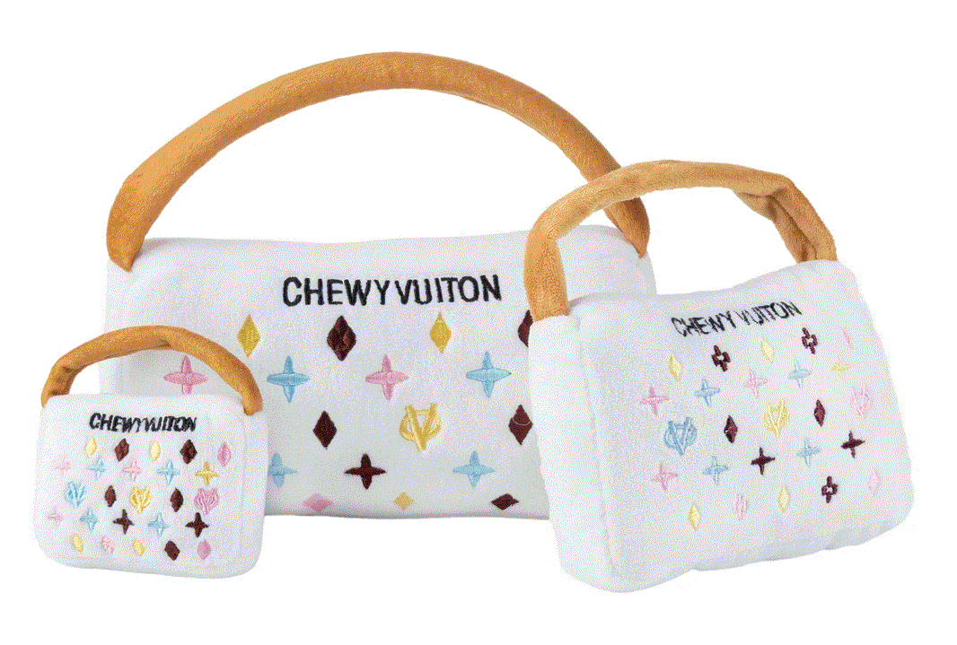 White Chewy Vuiton Handbag Dog Toy image 1