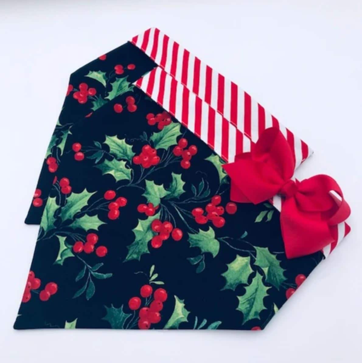 Holly on Black with Red Stripes Dog Bandana with Bow image 2
