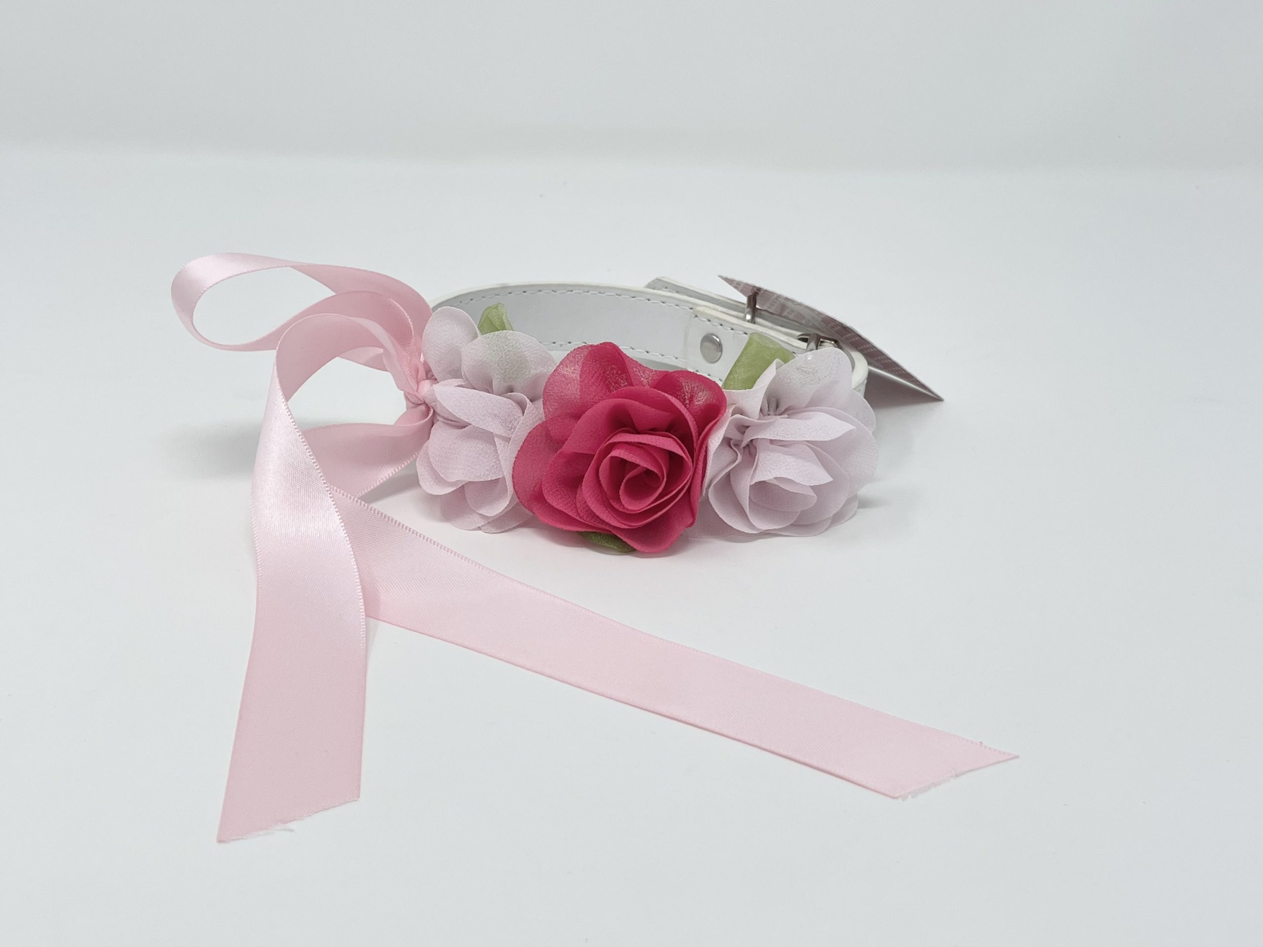 White Dog Collar with Dark and Light Pink Flowers image 0