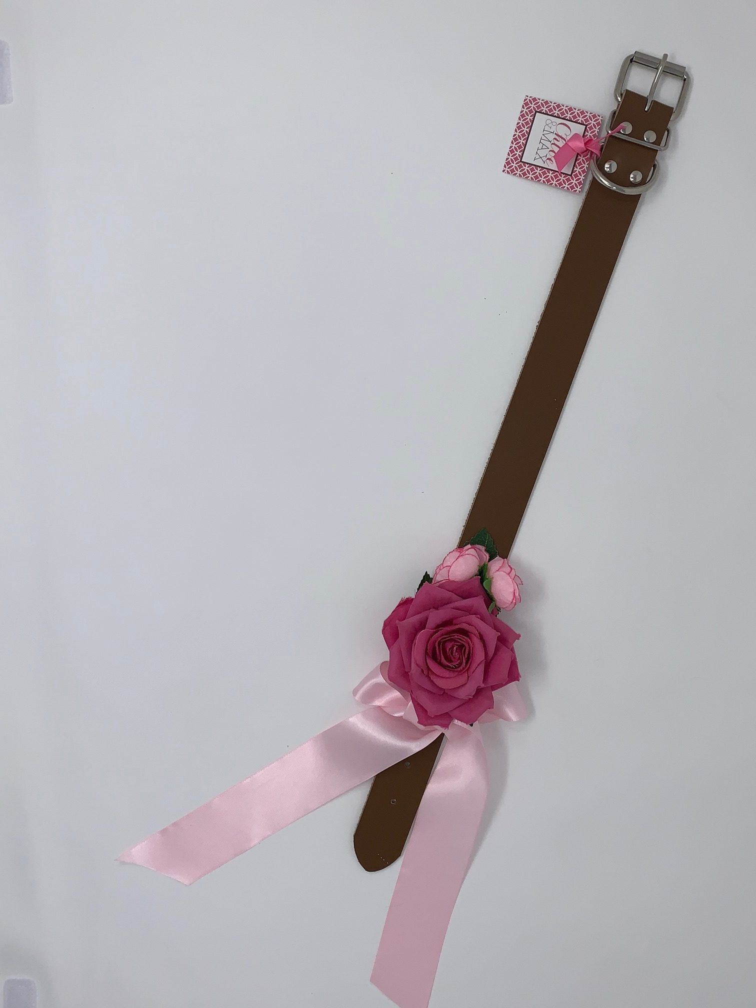 Tan Collar / Hot Pink Rose Dog Collar image 1