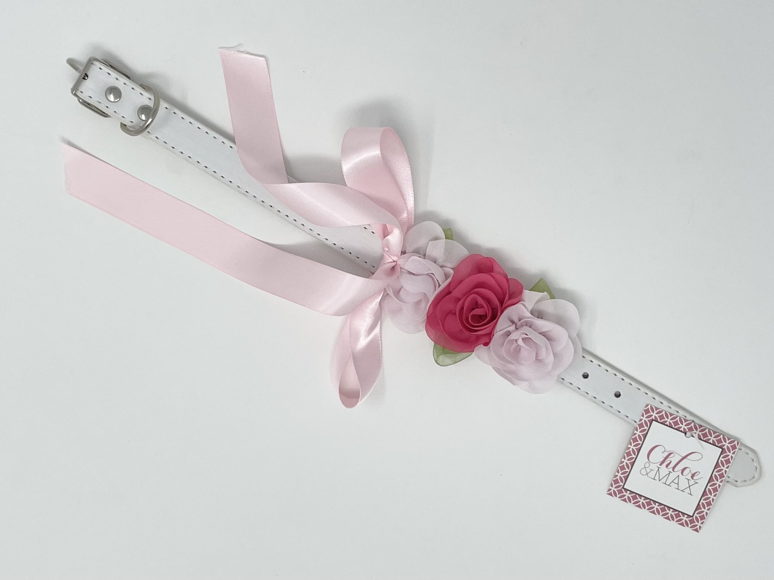 White Dog Collar with Dark and Light Pink Flowers image 1