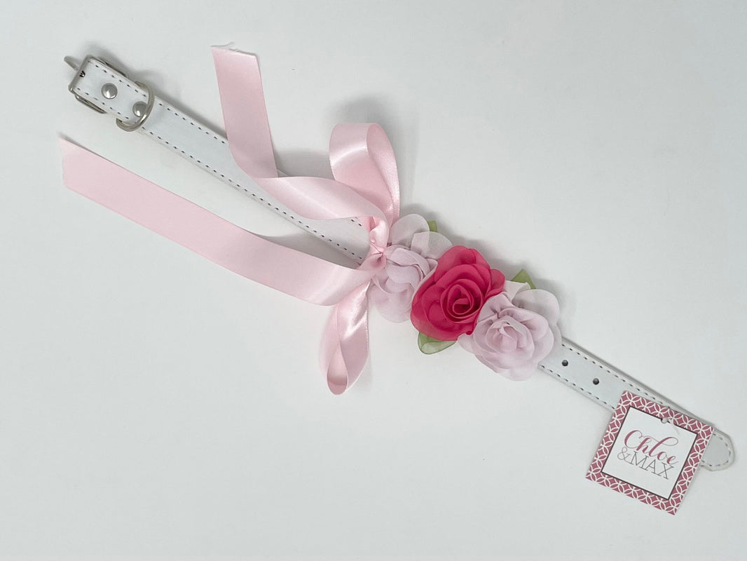 White Dog Collar with Dark and Light Pink Flowers image 1