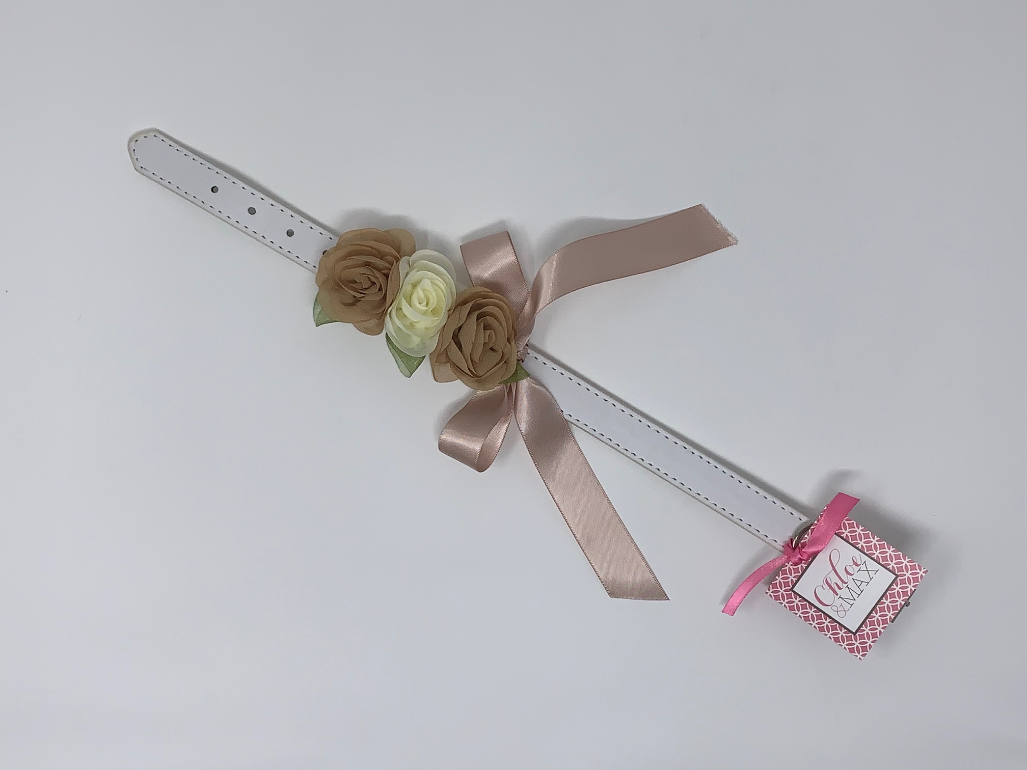 White Dog Collar with Cream and Tan Flowers