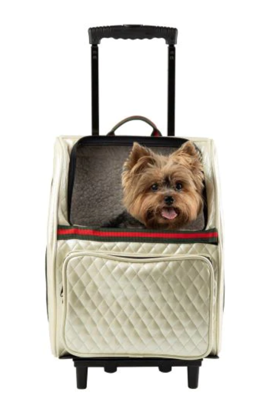 Rio Ivory Quilted with Designer Stripe Dog Carrier on Wheels