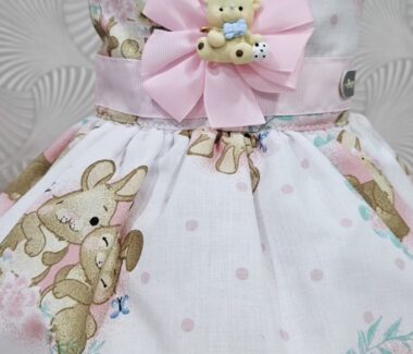Sweet Bunnies and Pink Dots Dog Dress with Bear Brooch