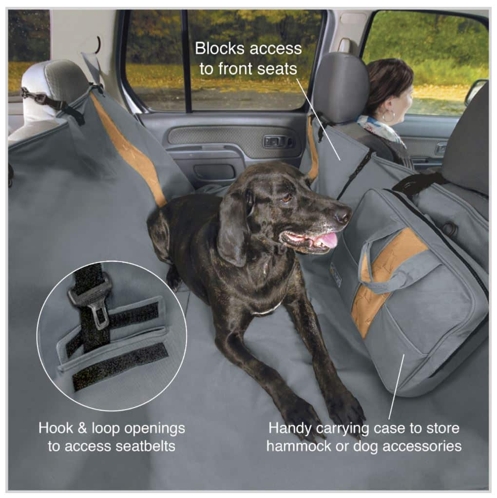 Dog hammock for car travel safety.
